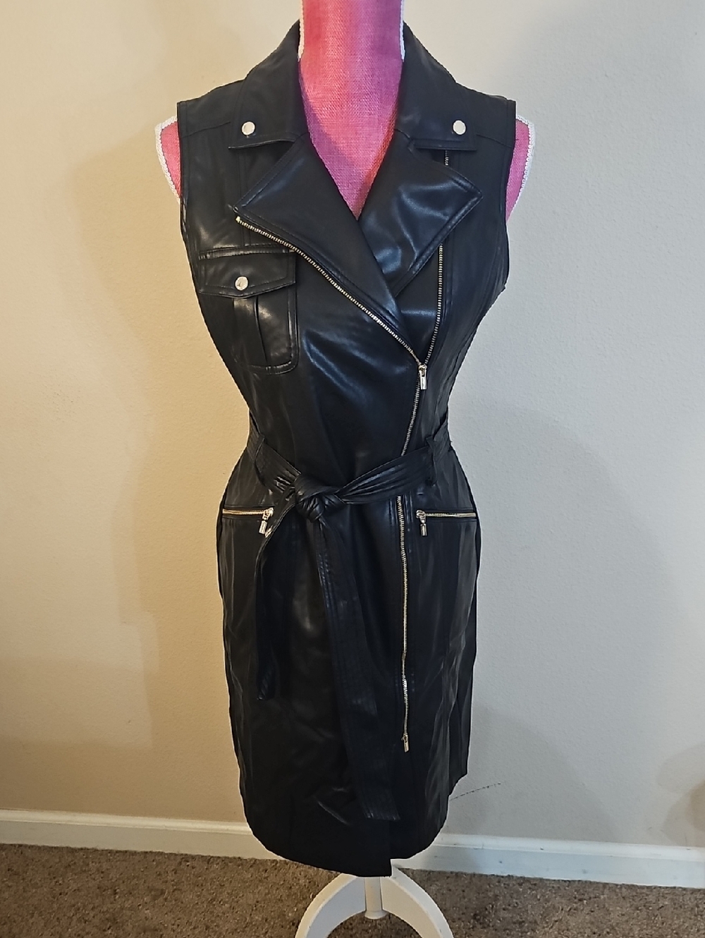 Calvin Klein Sleeveless Faux Leather Moto Dress - Black Size 8